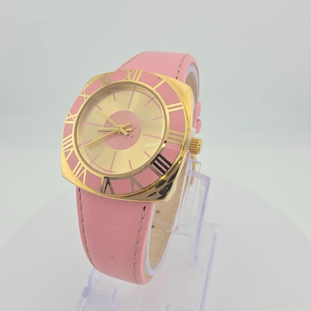 ECCLISSI Ladies Watch Pink Enamel Bezel Baby Pink Leather Straps Gold Tone 7.5"